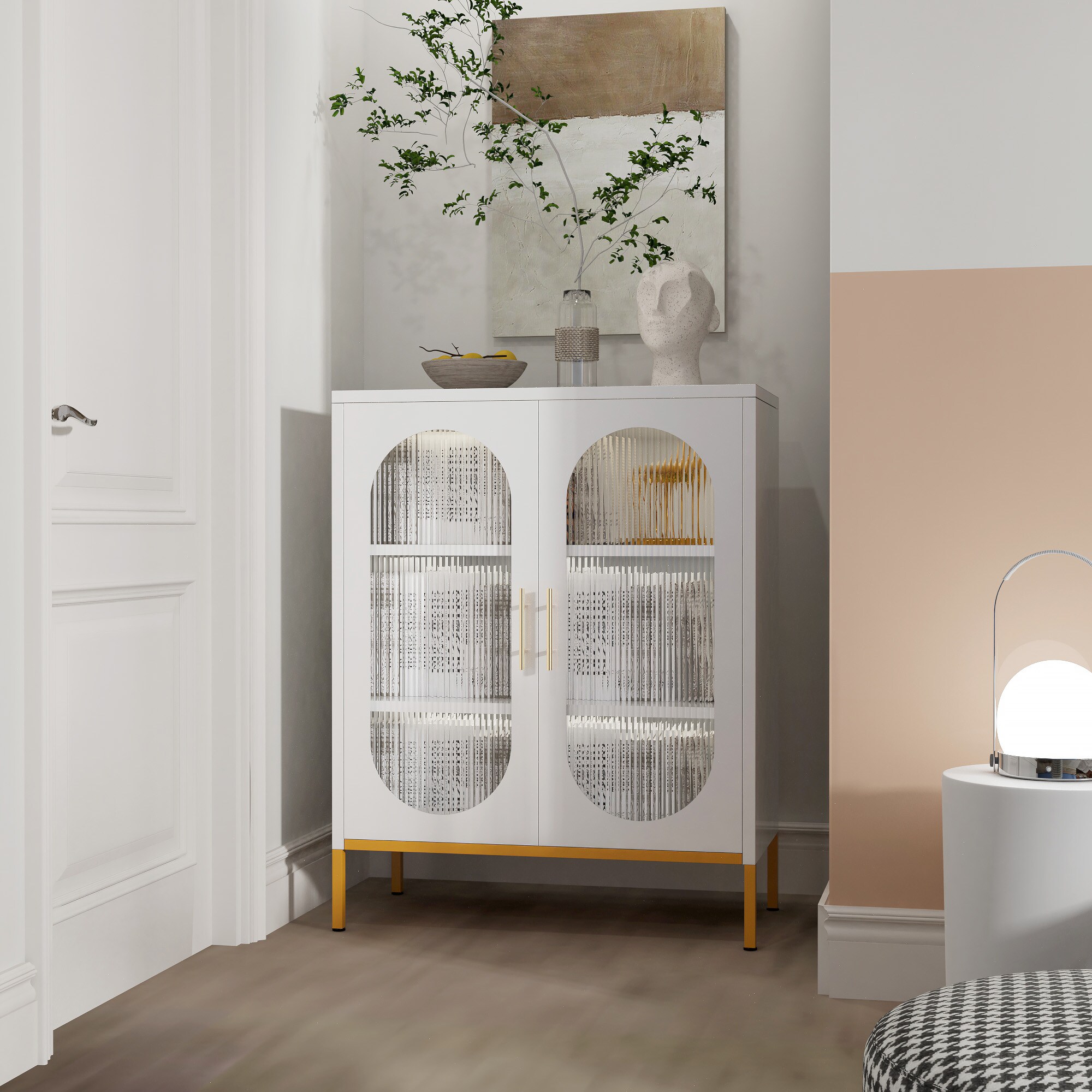 Elegant 2-Door Fluted Glass Storage Cabinet – Heavy-Duty Metal Pantry Organizer With Frosted Glass Doors, Space-Saving For Kitchen_voghion.com